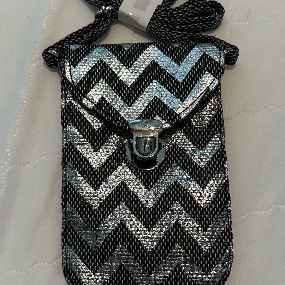 Chevron Patterned Black and Silver Crossbody Bag